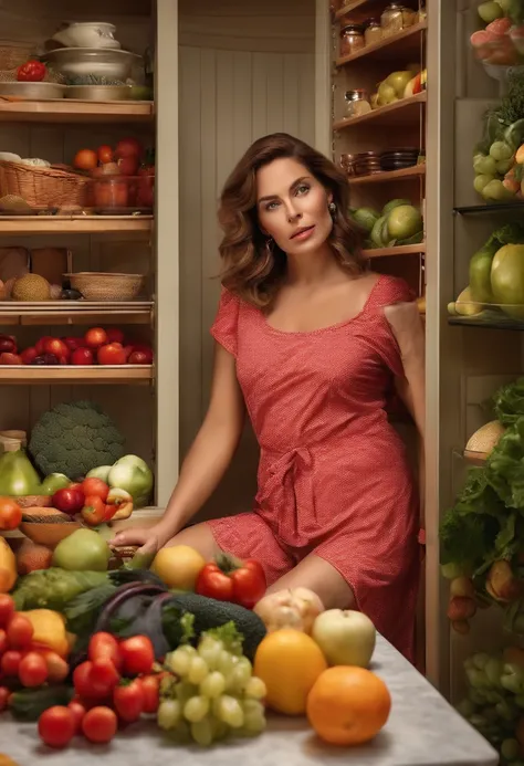 European woman，Bright kitchen，Lots of fruits and vegetables , sitting in pantry  , wearing sexy pijama , Sarilan is fat for height