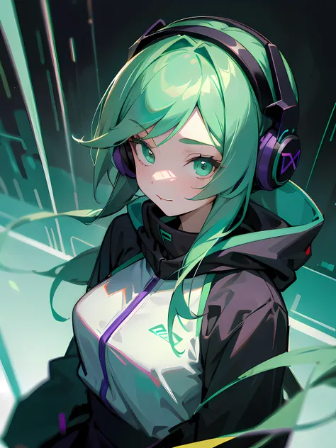 1girl, long dark aqua hair, green eyes, wearing a dark aqua hoodie, black skirt, purple headphones, happy, upper body camera shot, absurdres, high res, ultrasharp, 8k, masterpiece