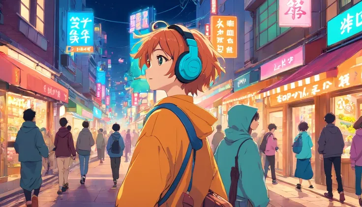 (A boy or teenager) with (headphones), (anime style), (walking in a busy town centre), (lofi boy), (anime vibes), (lofi art style), bright colors, vibrant atmosphere

(best quality,4k,8k,highres,masterpiece:1.2),ultra-detailed,(realistic,photorealistic,pho...