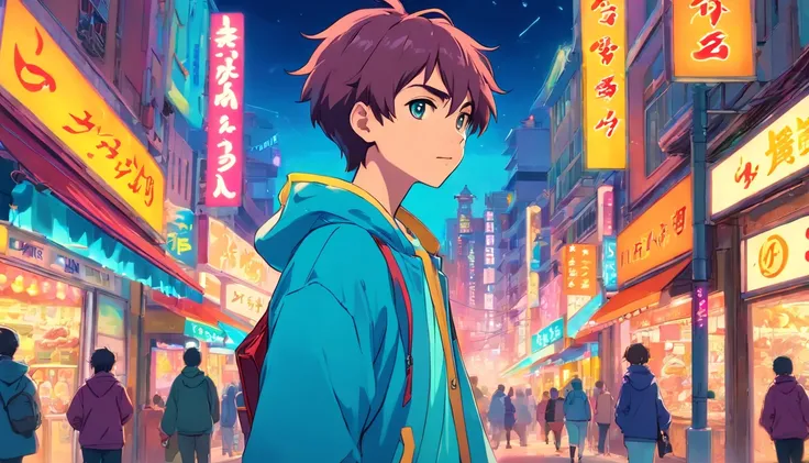 (A boy or teenager) with (headphones), (anime style), (walking in a busy town centre), (lofi boy), (anime vibes), (lofi art style), bright colors, vibrant atmosphere

(best quality,4k,8k,highres,masterpiece:1.2),ultra-detailed,(realistic,photorealistic,pho...