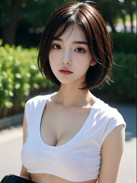 A Korean girl wearing white top 8k ultra HD quality huge boobs short hair