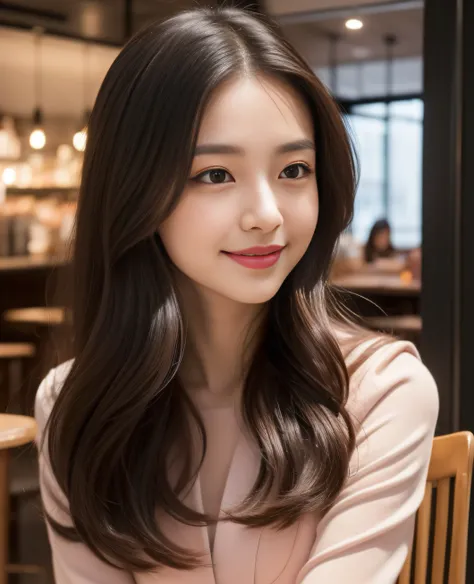 ((Top quality, 8K, Masterpiece: 1.3)), Beautiful girl, Pure, Melon face, Kind and cute, Sweet smile, Pure desire, Slender body, (Front), (Tilted head), ((Looking at camera) ), wearing a raspberry ripple colored suit, black silky long hair, long flowing sho...