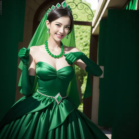 emerald tiara, Green Pearl Necklace, Boyish very short green hair, lipsticks, Japan woman smiling, very short short hair, big breasts beautiful, Green eyes, Long green gloves made of satin material, Green eyes, Emerald Earrings, Green dress