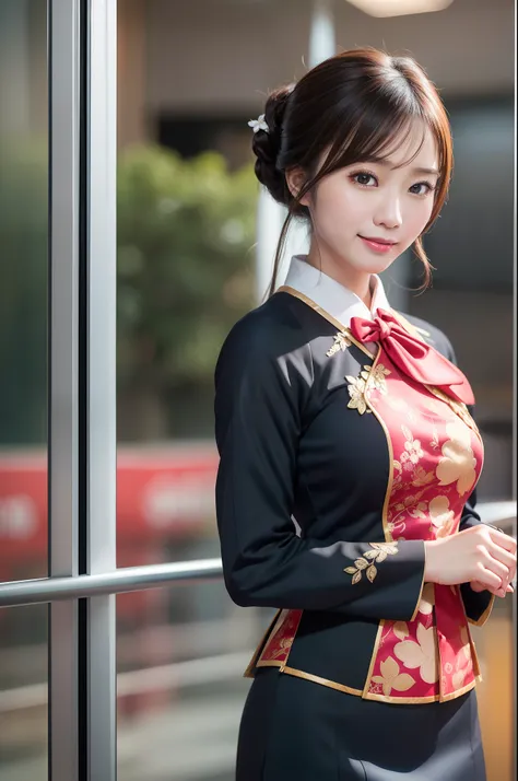 ((photographrealistic)), (realistic), (best quality), (masutepiece), (ultra high definition), ray tracing, ((one Japanese female flight attendant)), ((singapore airline)), (ao dai), high definition face, high definition finger, high definition costume, clo...