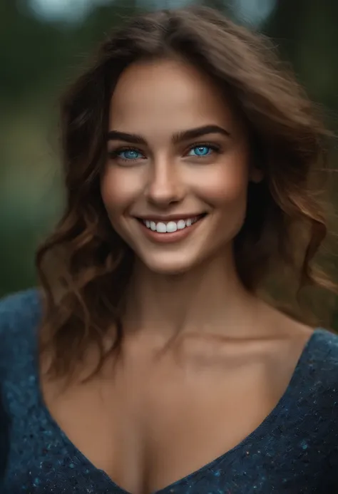 Realistic young woman, blue eyes, freckles, dark hair, tanner skin, pretty, big smile