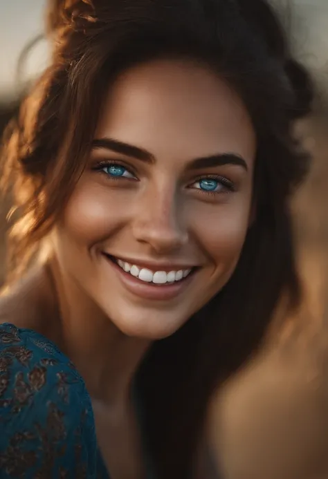 Realistic young woman, blue eyes, freckles, dark hair, tanner skin, pretty, big smile