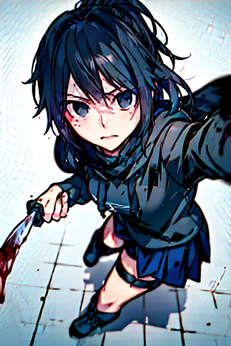 (absurdres, 8k, 4k, masterpiece, hyper extreme detailed:1.2), solo, 1girl, front view, perfect face, 1girl, portrait, looking at viewer, solo, standing, Female, Mature Female, expressive eyes, perfect face, black hair, blood, blood stain, 1girl, ayano, bla...