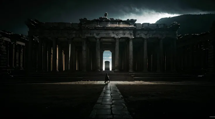 Ultradetailed landscape portrait, roman temple, dark cinematic, black gradient background, lots of things happening in the background, to be used as background, 8k, best quality, photorealistic, hyperrealistic, UHD portrait