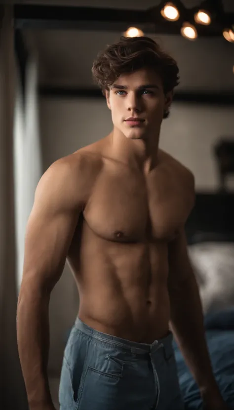 full-body shot, low angle shot, portrait of a handsome guy, 16 years old, shirtless, barechest, without beard, with black messy wavy hair, super light blue eyes, thick lips, defined muscles, fit, ripped body, full body shot, ultra highest detailed face, da...