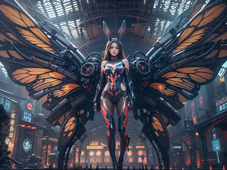 wide wide shot，(Best quality,4K,8K,A high resolution,Masterpiece:1.2),Ultra-detailed,(Realistic,Photorealistic,photo-realistic:1.37),Mechanical Woman，Huge butterfly wings,Shiny metal skin,Rabbit ears，(Mechanical body,Mechanical limb),high-heels。nigth,(faci...