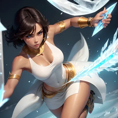 (Best Quality,Ultra-detailed,Realistic:1.37)、Ancient Egyptian sorcerers attack with ice magic、An 18-year-old woman、１femele、独奏、(Sharp eyes:1.5)、Beautiful face of attractive Egyptian woman、Egyptian Womens Makeup、(Blue and long eyeliner:1.3)、Aggressive look、A...