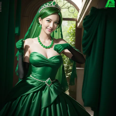 emerald tiara, Green Pearl Necklace, Boyish very short green hair, lipsticks, Japan woman smiling, very short short hair, big breasts beautiful, Green eyes, Long green gloves made of satin material, Green eyes, Emerald Earrings, Green dress