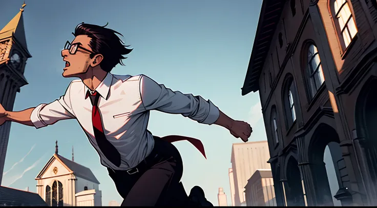 backside view, skinny guy, short black hair, glasses, wearing a white shirt, red tie, scared, scream, running out to gotham city church, morning