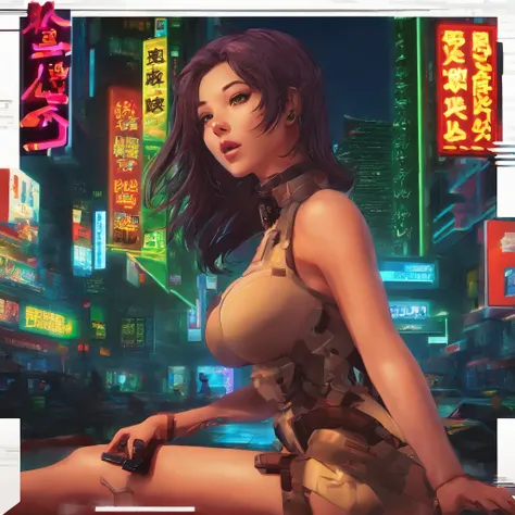 A cinematic waist up photorealistic color digital painting of [Ryoko Yonekura:Scarlet Johansson:0.5] as Major Motoko Kusanagi of The Cybercrime Detective of Ghost in the Shell anime scrutinize the city from the City Tower, detailed face, insanely detailed ...