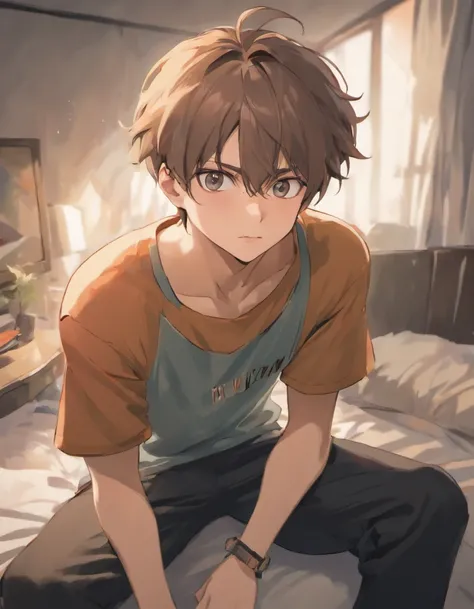 (Masterpiece,best quality,ultra_detailed,highres,absurdres),1boy, male focus, in his 20s with brown hair and green eyes. Medium tanned skin, lots of freckles, glasses. Fluffy dark brown hair, pierced ears. Strong looking. Wearing modern style clothes. In a...