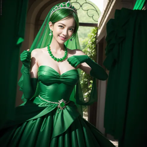 emerald tiara, Green Pearl Necklace, Boyish very short green hair, lipsticks, Japan woman smiling, very short short hair, big breasts beautiful, Green eyes, Long green gloves made of satin material, Green eyes, Emerald Earrings, Green dress