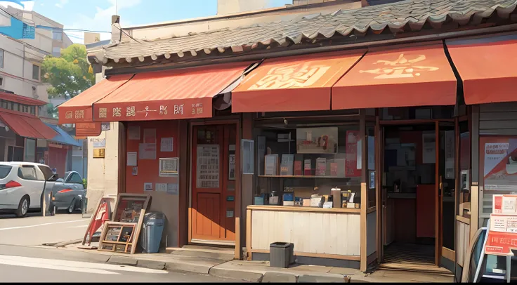 in front of the chinese barbershop, it says washing, scissors, blowing