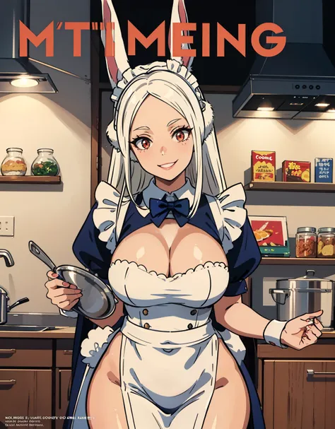 (Best Quality, Masterpiece),sexy mommy, Front cover of a womens cooking magazine,  erotic,1girl, 30 years old, stunning, cute, smile, hourglass figure, Maid costume, beautiful food, text, diagrams, advertisements, magazine title, long white hair,red detail...