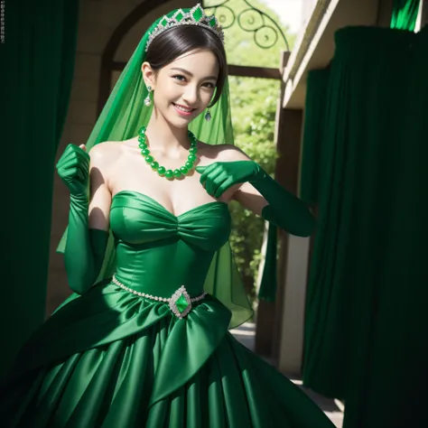 emerald tiara, Green Pearl Necklace, Boyish very short green hair, lipsticks, Japan woman smiling, very short short hair, big breasts beautiful, Green eyes, Long green gloves made of satin material, Green eyes, Emerald Earrings, Green dress