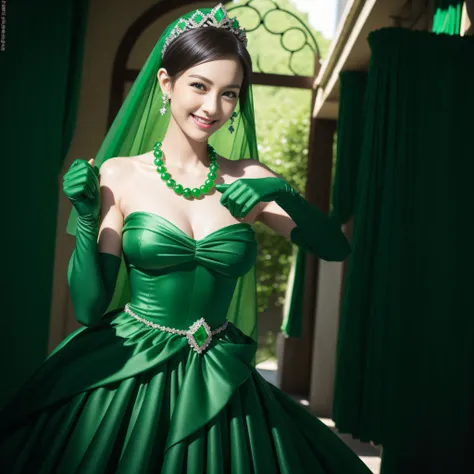 emerald tiara, Green Pearl Necklace, Boyish very short green hair, lipsticks, Japan woman smiling, very short short hair, big breasts beautiful, Green eyes, Long green gloves made of satin material, Green eyes, Emerald Earrings, Green dress