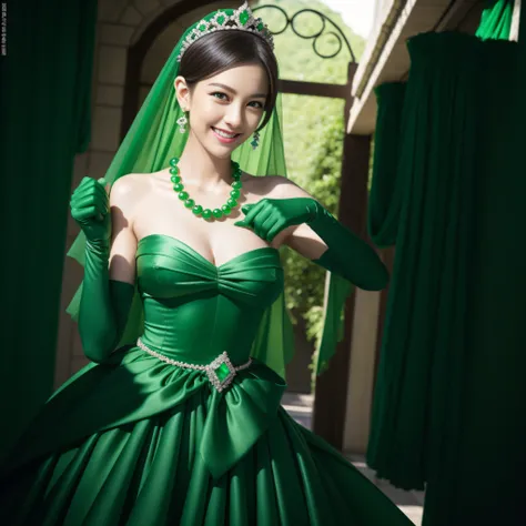 emerald tiara, Green Pearl Necklace, Boyish very short green hair, lipsticks, Japan woman smiling, very short short hair, big breasts beautiful, Green eyes, Long green gloves made of satin material, Green eyes, Emerald Earrings, Green dress