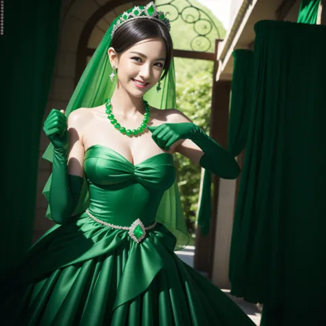 emerald tiara, Green Pearl Necklace, Boyish very short green hair, lipsticks, Japan woman smiling, very short short hair, big breasts beautiful, Green eyes, Long green gloves made of satin material, Green eyes, Emerald Earrings, Green dress