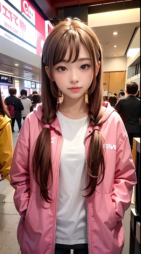 (Best Quality,4K,High resolution), 18yo woman, Pink mesh hair on brown hair, long twin tail hair  , Comical appearance，(Best Quality,4K,High resolution), 18yo woman, Pink highlights on brown hair, Longhair, Twin-tailed,Twin-tailed hair， Transforming Woman,...