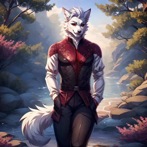 astarion, a white furry wolf boy, fangs, red eyes, dog tail, wearing elegant clothing, outside, smiling, by fumiko, by hyattlen,