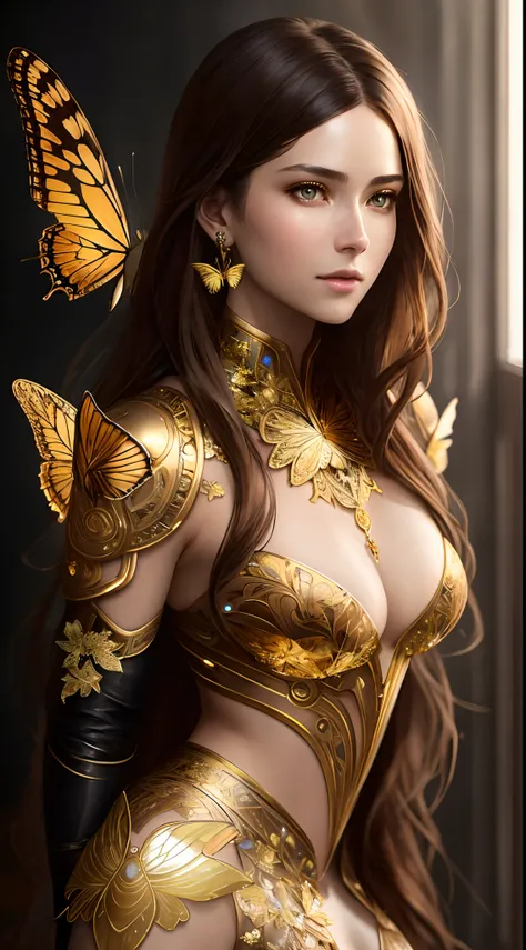 8k portrait of beautiful cyborg with brown hair, intricate, elegant, highly detailed, majestic, digital photography, art by artgerm and ruan jia and greg rutkowski surreal painting gold butterfly filigree, broken glass, (masterpiece, sidelighting, finely d...