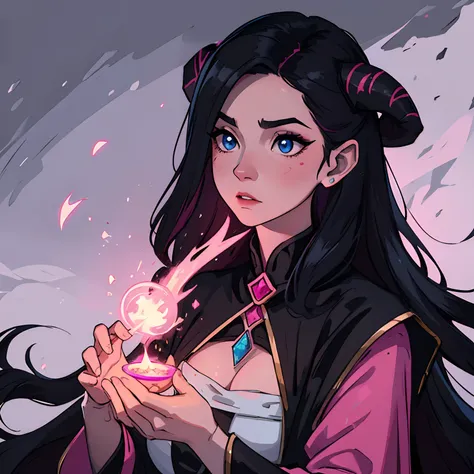 A beautiful pink-skinned woman like a pink-skinned demon demon, With long black hair that goes all the way to the floor, Make her like a sorceress in a setting full of magic and mystery, um personagem para RPG medieval, She must be wearing medieval robes c...