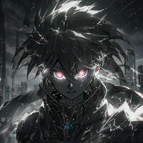 Anime humanoid monster,human,boy, glowing eyes,eye glare, monochrome, close up shot, creating a crack in reality, powerful aura, destroyed city,dark,night,8k,64k, HD, unparalleled masterpiece, dynamic lighting, cinematic, Ambient lighting, epic