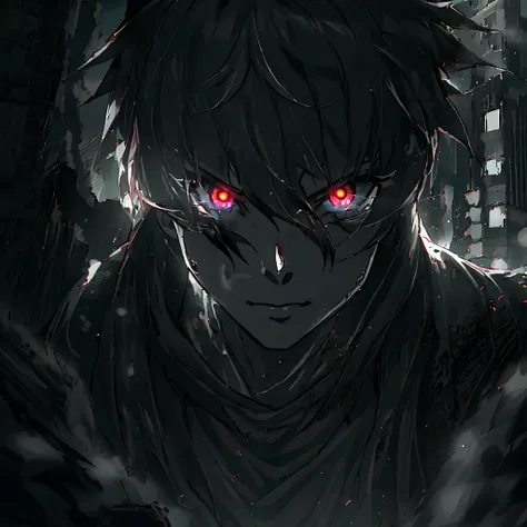 Anime humanoid monster,human,boy, glowing eyes,eye glare, monochrome, close up shot, creating a crack in reality, powerful aura, destroyed city,dark,night,8k,64k, HD, unparalleled masterpiece, dynamic lighting, cinematic, Ambient lighting, epic