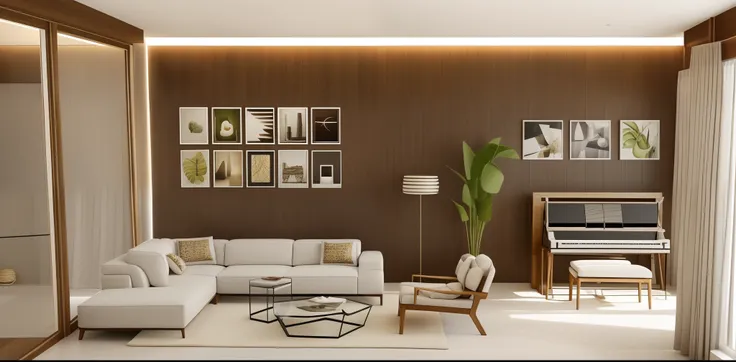 (( ultral realistic)) (( best quality)) modern living room,wood sofa, warm tone ,