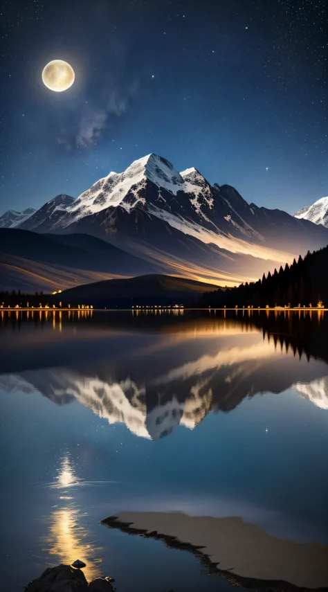 Very starry night. A giant moon behind the mountains. A tranquil lake reflecting the night. Realistic scene, detailed, photorealism, 8k