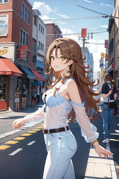 (masterpiece, best quality, detailed) ,1girl, solo, breasts, (brown hair:1.2), cleavage, jewelry, bracelet, yellow eyes,sumeragi lee noriega,blue jeans walking down the street,cute anime girl, pretty anime girl, smooth anime cg art, beautiful anime girl, a...