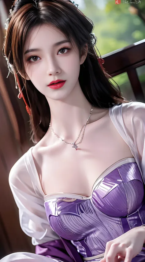 1 beautiful girl in han costume, thin purple silk shirt，white colors，the texture is diverse, white lace top, long platinum purpl...