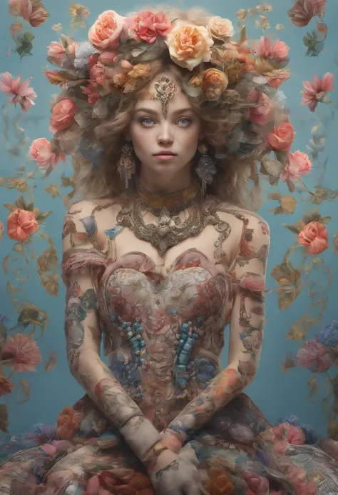 daydreamer girl with a body anchored to the earth, colorful, intricate detail ful decoration, symetrical body and face