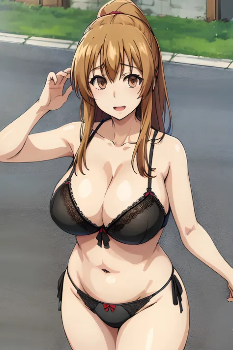 (Big tits),  (black panties, bra), best quality, (masterpiece:1.2), highly detailed, street, 1girl, kotegawa nanaka, looking at viewer, slight smile, open mouth, brown eyes, brown hair,  cleavage,