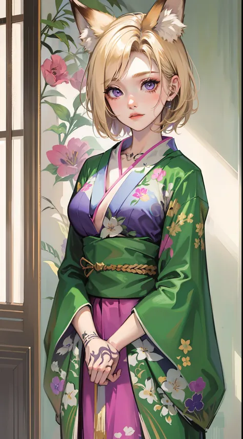 young girl, short blonde hair, Fox ears, violet eyes, tattoo, Scars, green kimono, tattoo, open belly, open breasts, open shoulders, neckline on the chest, long skirt, Sad,4k, HD, Good detail