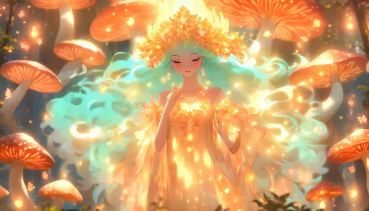 (best quality,ultra-detailed),mushroom forest queen goddess,ethereal,enchanted forest,beautiful detailed eyes,beautiful detailed lips,flowing gown,graceful pose,fairy wings,halo of light,magical crown,glowing mushrooms,whispering trees,mystical atmosphere,...