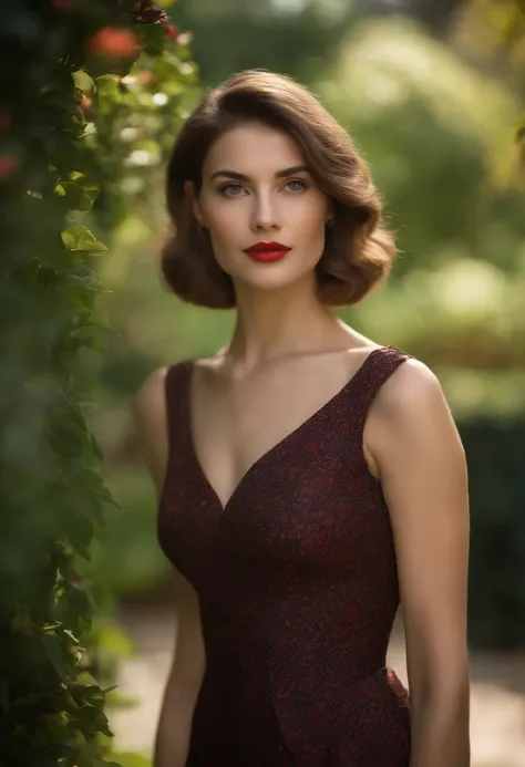 short hair, nnlnnx, (sharp focus:1.2), photo, attractive young woman, (beautiful face:1.1), detailed eyes, luscious lips, (bold red lip colour:0.85), (medium breasts:1.0), (slim body:1.2), (long hair:1.2), wearing (1980s peplum dress:1.2) in a (botanical g...