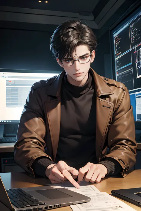 (tmasterpiece, high resolution, ultra - detailed:1.0), (1 boy, Young male), Eyes looking to camera, Perfect male body, Extremely detailed CG, 8K wallpaper, Complicated details, solo person, Detailed face,(Black hair, brown coat,brown sweater, Glasses, Sit ...