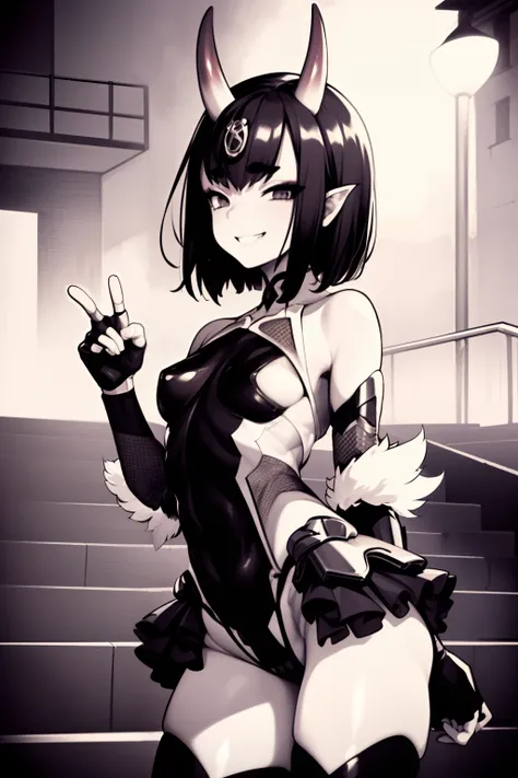 1girl, solo, shuten douji,mizukioutfit, shiny clothes, highleg leotard, black leotard, elbow gloves, fingerless gloves, frills, fishnets, red showgirl skirt, pink ribbon, fur trim, skin tight, impossible leotard, black thighhighs, thighhighs, bare shoulder...