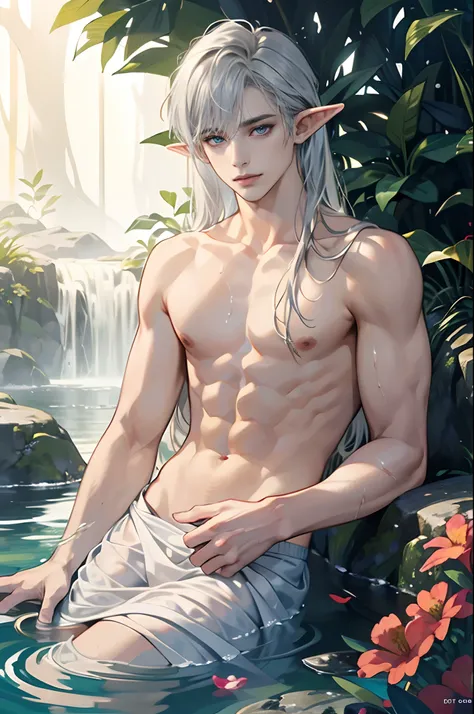 (tmasterpiece, high resolution, ultra - detailed:1.0), (1 boy, Young male), Perfect male body, (Adult male elf:1.3), Delicate eyes and delicate face, Extremely detailed CG, Unity 8k wallpaper, Complicated details, Detailed face, (Silver eyes, eye looking t...