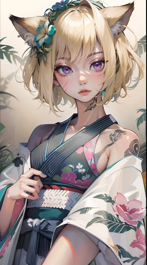 young girl, short blonde hair, Fox ears, violet eyes, tattoo, Scars, green kimono, tattoo, open belly, open breasts, open shoulders, neckline on the chest, long skirt, Sad,4k, HD, Good detail