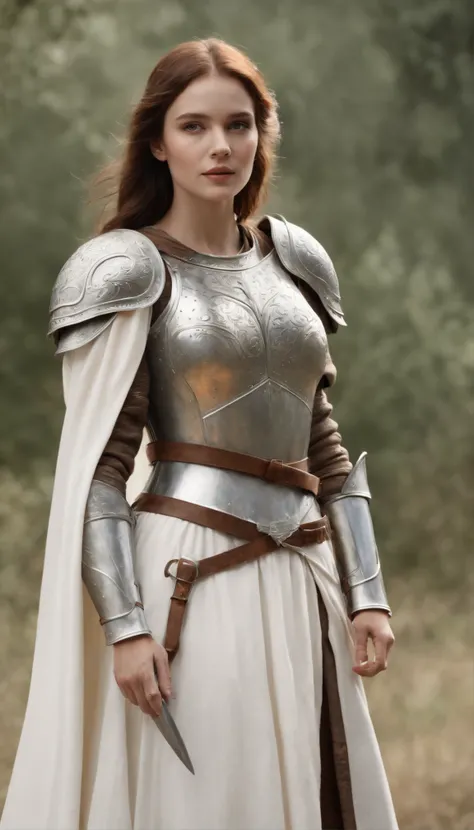 ((masterpiece)), (((best quality))), ((ultra-detailed)), ((illustration)),[realism light effect],shadow,A female knight，armour，giant sword，noble，Shine with light，(white backgrounid:1.5)