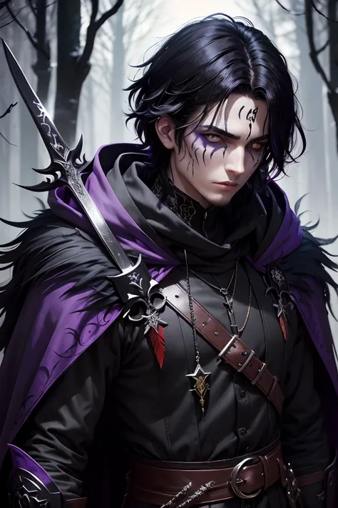 Gothic,25 year-old male, medium messy black hair with hair slightly covering face,black face paint around the eyes,yellow irises,purple and black medieval clothing with feather accessories, sword on back,dark cloak with hood up, facial scars, dark forest, ...