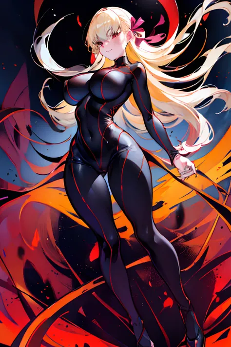 a blond　Black full body suit　Red lines all over the body　huge tit　Big ass　Whip thighs　seductiv　a smile　succubus