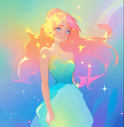 beautiful girl in colorful muti-layered ballgown, vibrant pastel colors, (colorful), magical lights, sparkling lines of light, inspired by Glen Keane, inspired by Lois van Baarle, disney art style, by Lois van Baarle, glowing aura around her, by Glen Keane...