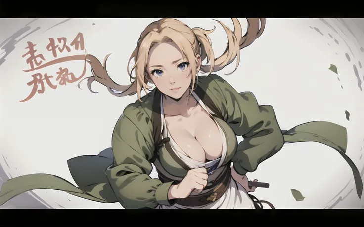 (blonde hair:1.4), blue eyes, low ponytail, letterboxed, 1girl, solo, breasts, japanese_clothes, cleavage, looking_at_viewer, jacket_on_shoulders, lips, upper_body, haori, collarbone,  large_breasts